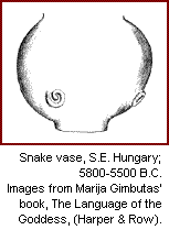 Snake vase, S.E. Hungary; 5800-5500 B.C. Images from Marija Gimbutas' book, The Language of the Goddess, (Harper & Row).