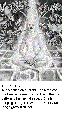 TREE OF LIGHT. A meditation on sunlight. The birds and the tree represent the spirit, and the grid pattern is the mental aspect. She is bringing sunlight down from the sky as things grow from her.