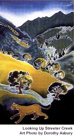 Looking Up Streeter Creek, batik by Joanie Mitchell, art photo by Dorothy Asbury